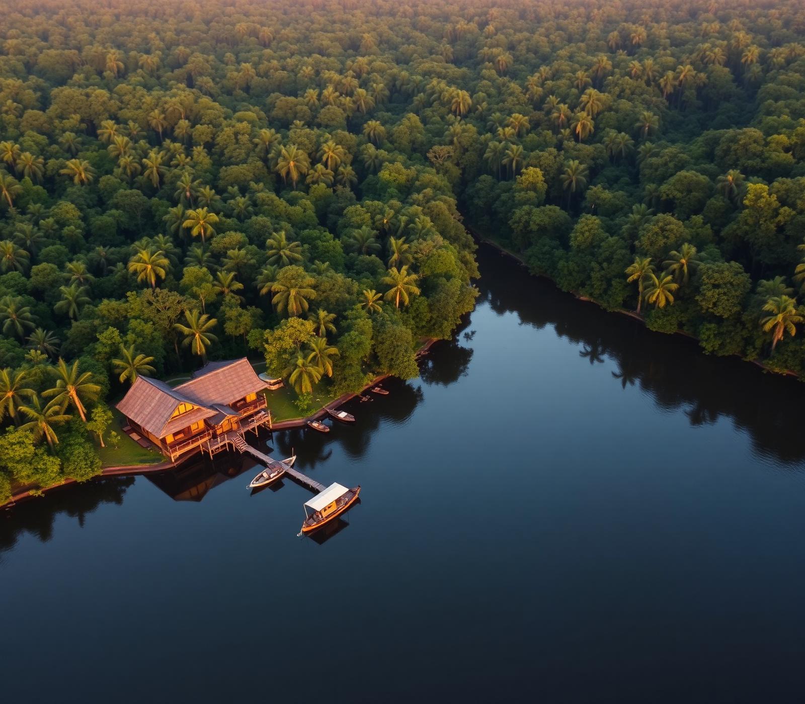 Pousada de pesca na margem do rio amazônico ao entardecer